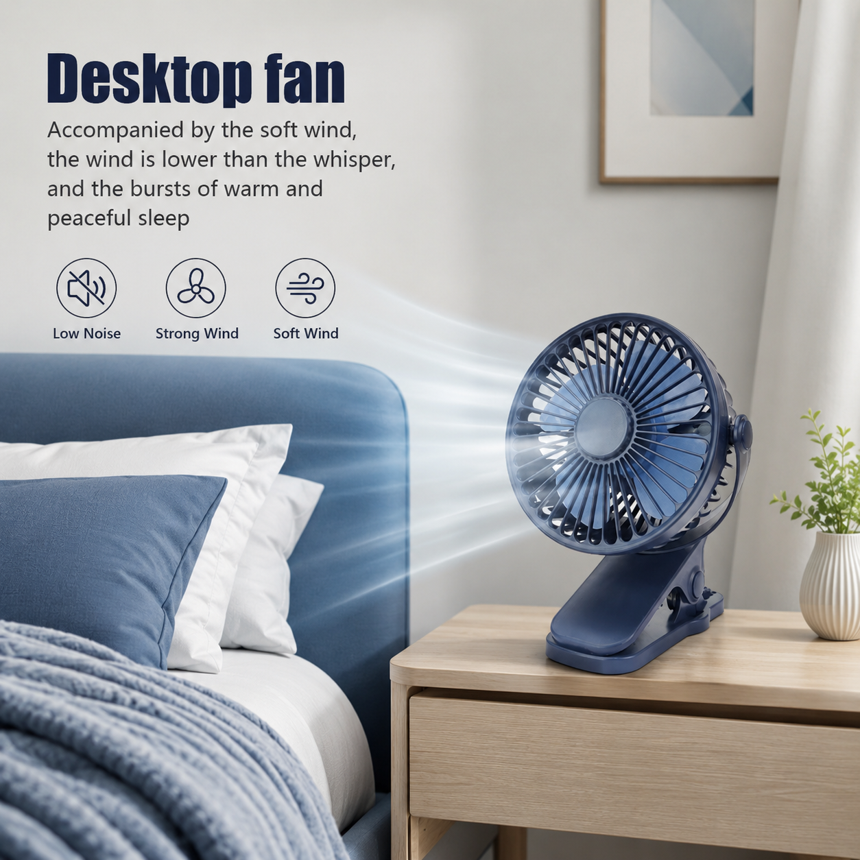 BHS – Tragbarer USB-Schreibtischventilator mit Clip – Leiser 3-Stufen-Ventilator mit 720° verstellbarer Rotation