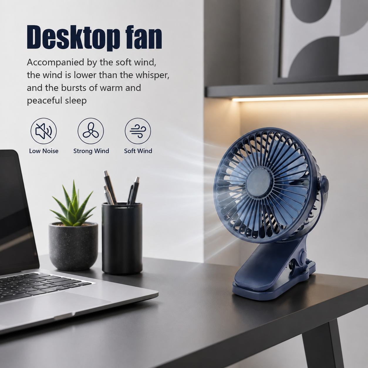 BHS – Tragbarer USB-Schreibtischventilator mit Clip – Leiser 3-Stufen-Ventilator mit 720° verstellbarer Rotation