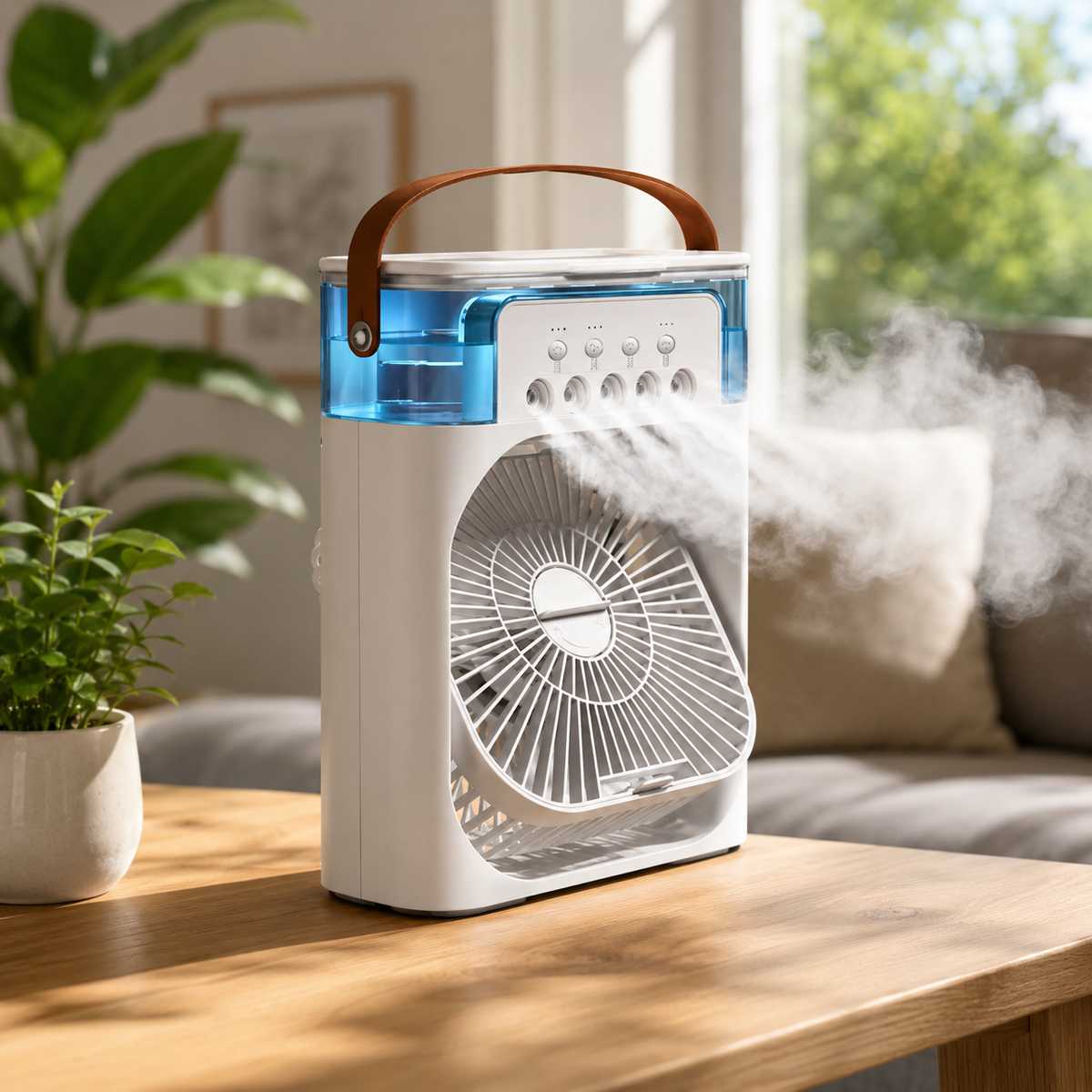 BHS - 3-in-1 Tragbarer Luftkühler & Luftbefeuchter-Ventilator – 5-Loch-Nebel, 3 Geschwindigkeiten, 600ml Tank & 7-Farben-LED
