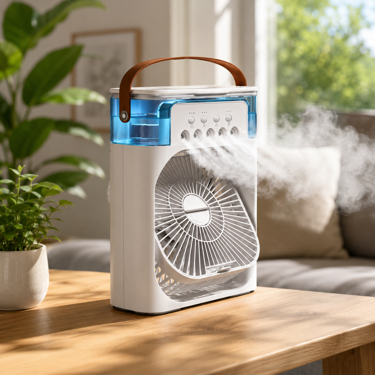 BHS - 3-in-1 Tragbarer Luftkühler & Luftbefeuchter-Ventilator – 5-Loch-Nebel, 3 Geschwindigkeiten, 600ml Tank & 7-Farben-LED