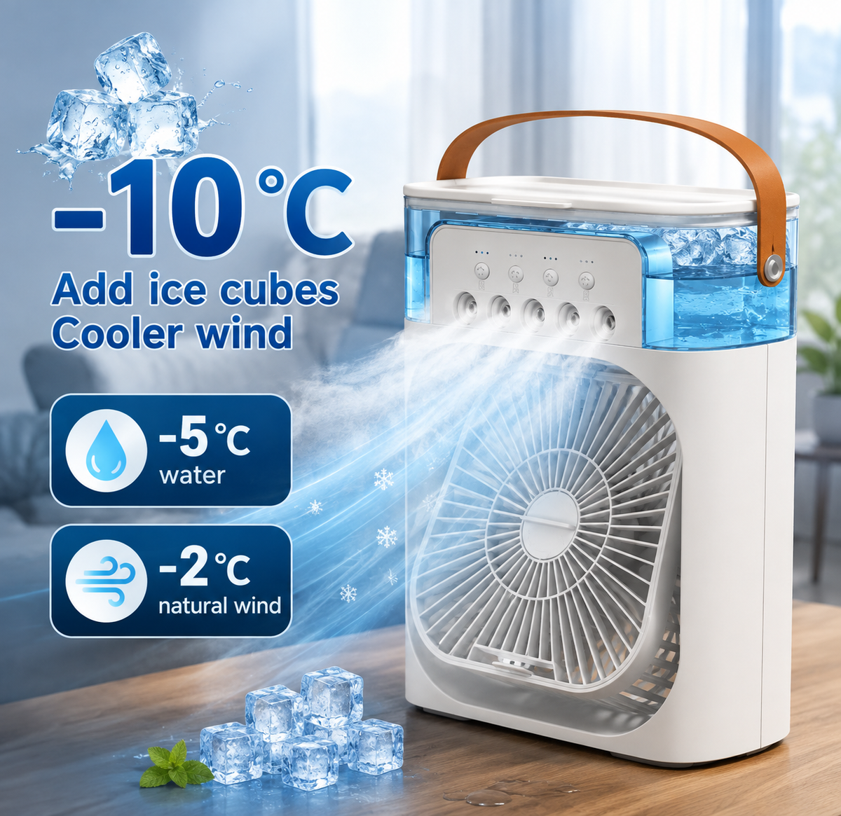 BHS - 3-in-1 Tragbarer Luftkühler & Luftbefeuchter-Ventilator – 5-Loch-Nebel, 3 Geschwindigkeiten, 600ml Tank & 7-Farben-LED