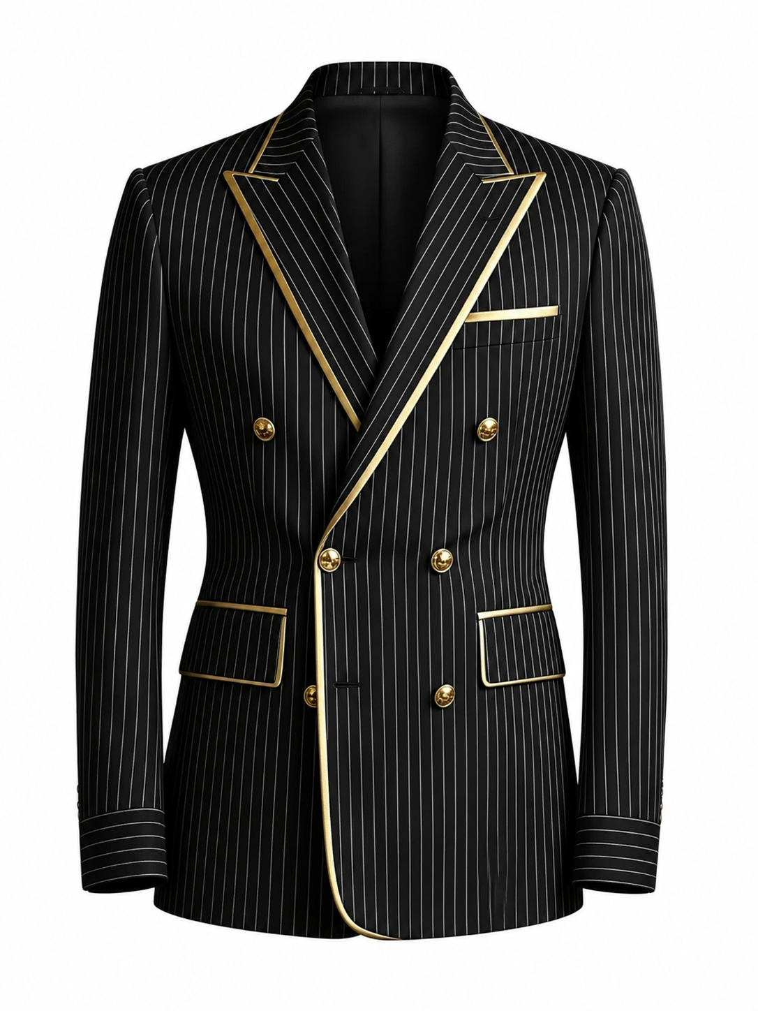 BHS - NEW Men's Designer Pinstripe Blazer Double Breasted Gold Accent Slim Fit Business Wedding Tuxedo Jacket