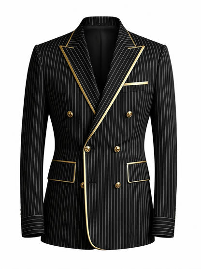 BHS - NEW Men's Designer Pinstripe Blazer Double Breasted Gold Accent Slim Fit Business Wedding Tuxedo Jacket