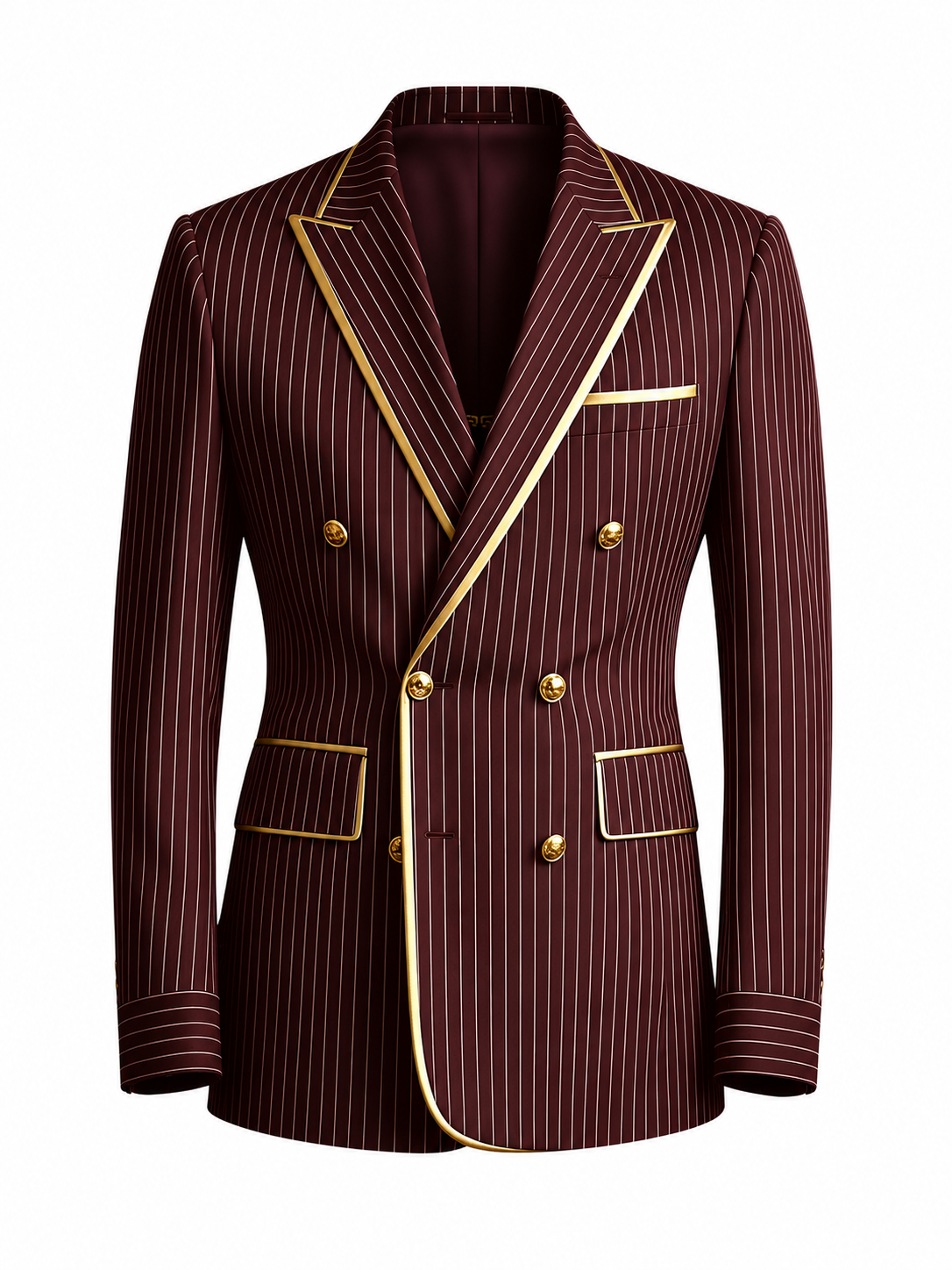 BHS - NEW Men's Designer Pinstripe Blazer Double Breasted Gold Accent Slim Fit Business Wedding Tuxedo Jacket