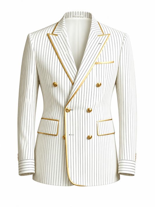 BHS - NEW Men's Designer Pinstripe Blazer Double Breasted Gold Accent Slim Fit Business Wedding Tuxedo Jacket