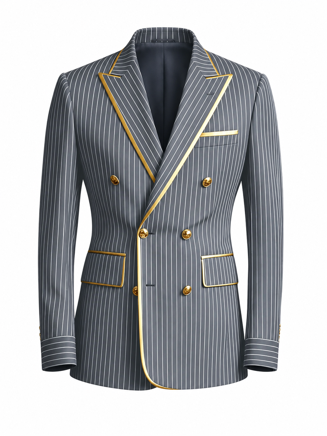 BHS - NEW Men's Designer Pinstripe Blazer Double Breasted Gold Accent Slim Fit Business Wedding Tuxedo Jacket