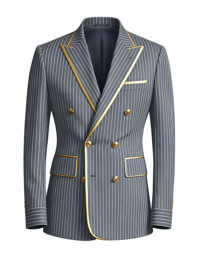 BHS - NEW Men's Designer Pinstripe Blazer Double Breasted Gold Accent Slim Fit Business Wedding Tuxedo Jacket