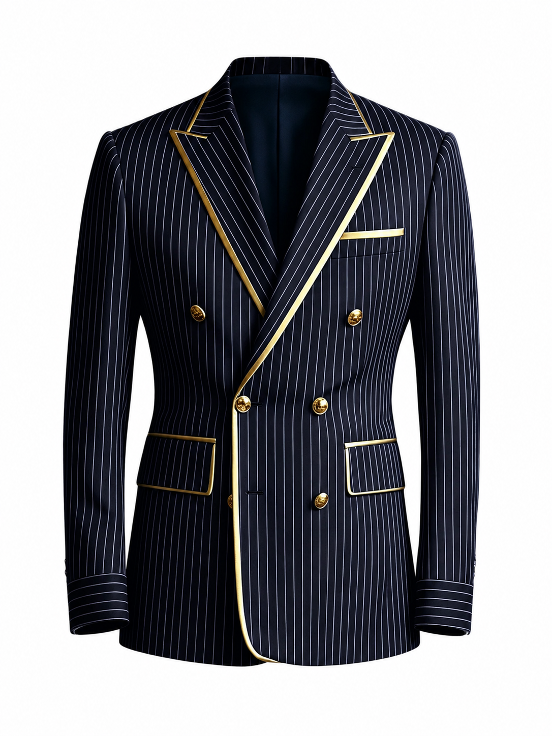 BHS - NEW Men's Designer Pinstripe Blazer Double Breasted Gold Accent Slim Fit Business Wedding Tuxedo Jacket