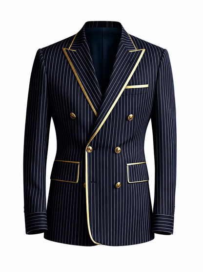 BHS - NEW Men's Designer Pinstripe Blazer Double Breasted Gold Accent Slim Fit Business Wedding Tuxedo Jacket