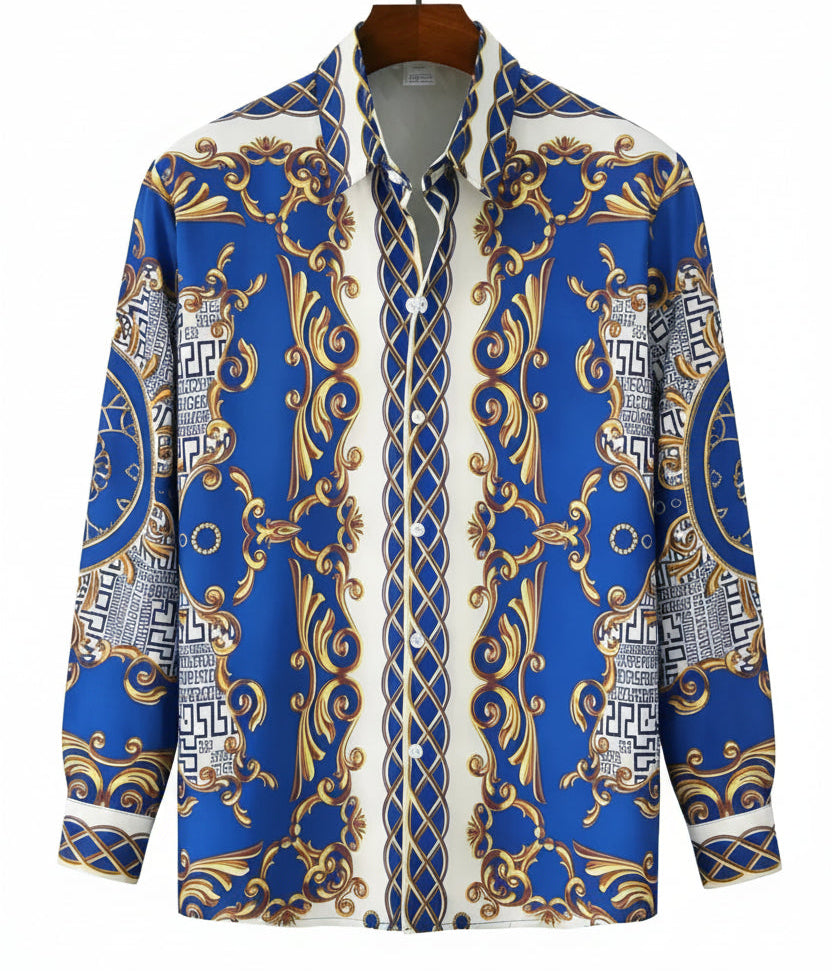 BHS Men's Luxury Classic Long Sleeve Shirt Gold Pattern Shirt