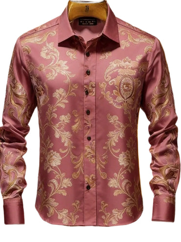 BHS Men's Luxury Classic Long Sleeve Shirt Gold Pattern Shirt