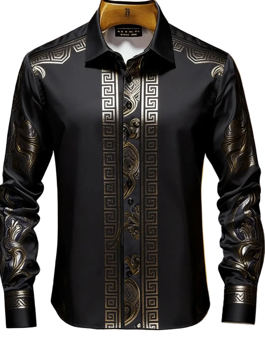 BHS Men's Luxury Classic Long Sleeve Shirt Gold Pattern Shirt